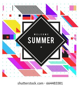 Trendy flat geometric vector banners. Vivid colorful banners in retro poster design style. Vintage colors and shapes Summer holiday theme.