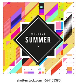 Trendy flat geometric vector banners. Vivid colorful banners in retro poster design style. Vintage colors and shapes Summer holiday theme.