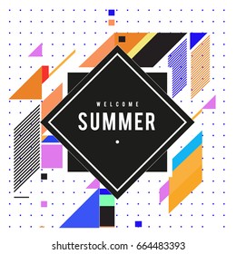Trendy flat geometric vector banners. Vivid colorful banners in retro poster design style. Vintage colors and shapes Summer holiday theme.