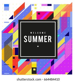 Trendy flat geometric vector banners. Vivid colorful banners in retro poster design style. Vintage colors and shapes Summer holiday theme.