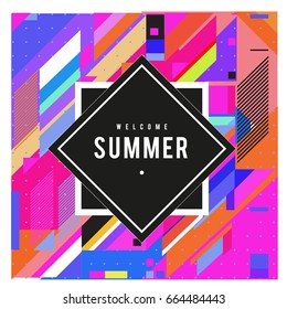 Trendy flat geometric vector banners. Vivid colorful banners in retro poster design style. Vintage colors and shapes Summer holiday theme.