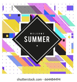 Trendy flat geometric vector banners. Vivid colorful banners in retro poster design style. Vintage colors and shapes Summer holiday theme.