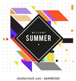 Trendy flat geometric vector banners. Vivid colorful banners in retro poster design style. Vintage colors and shapes Summer holiday theme.