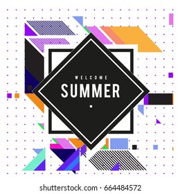 Trendy flat geometric vector banners. Vivid colorful banners in retro poster design style. Vintage colors and shapes Summer holiday theme.