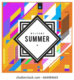 Trendy flat geometric vector banners. Vivid colorful banners in retro poster design style. Vintage colors and shapes Summer holiday theme.