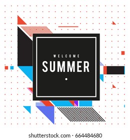 Trendy flat geometric vector banners. Vivid colorful banners in retro poster design style. Vintage colors and shapes Summer holiday theme.