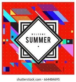 Trendy flat geometric vector banners. Vivid colorful banners in retro poster design style. Vintage colors and shapes Summer holiday theme.