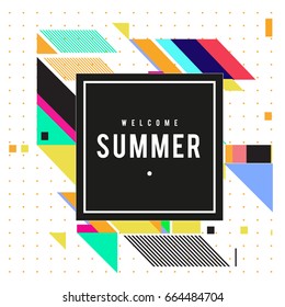 Trendy flat geometric vector banners. Vivid colorful banners in retro poster design style. Vintage colors and shapes Summer holiday theme.
