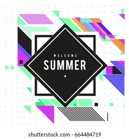 Trendy flat geometric vector banners. Vivid colorful banners in retro poster design style. Vintage colors and shapes Summer holiday theme.