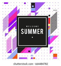 Trendy flat geometric vector banners. Vivid colorful banners in retro poster design style. Vintage colors and shapes Summer holiday theme.
