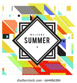 Trendy flat geometric vector banners. Vivid colorful banners in retro poster design style. Vintage colors and shapes Summer holiday theme.
