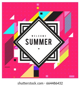 Trendy flat geometric vector banners. Vivid colorful banners in retro poster design style. Vintage colors and shapes Summer holiday theme.
