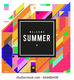 Trendy flat geometric vector banners. Vivid colorful banners in retro poster design style. Vintage colors and shapes Summer holiday theme.