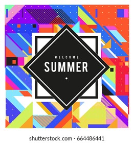 Trendy flat geometric vector banners. Vivid colorful banners in retro poster design style. Vintage colors and shapes Summer holiday theme.