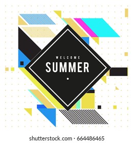 Trendy flat geometric vector banners. Vivid colorful banners in retro poster design style. Vintage colors and shapes Summer holiday theme.