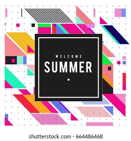 Trendy flat geometric vector banners. Vivid colorful banners in retro poster design style. Vintage colors and shapes Summer holiday theme.