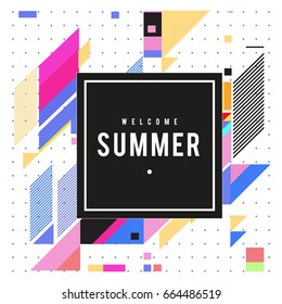 Trendy flat geometric vector banners. Vivid colorful banners in retro poster design style. Vintage colors and shapes Summer holiday theme.