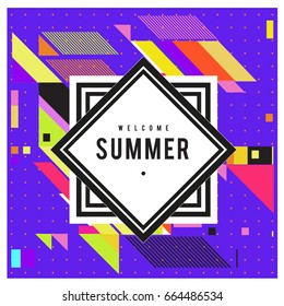 Trendy flat geometric vector banners. Vivid colorful banners in retro poster design style. Vintage colors and shapes Summer holiday theme.