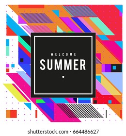 Trendy flat geometric vector banners. Vivid colorful banners in retro poster design style. Vintage colors and shapes Summer holiday theme.