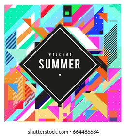 Trendy flat geometric vector banners. Vivid colorful banners in retro poster design style. Vintage colors and shapes Summer holiday theme.