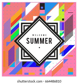 Trendy flat geometric vector banners. Vivid colorful banners in retro poster design style. Vintage colors and shapes Summer holiday theme.