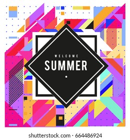 Trendy flat geometric vector banners. Vivid colorful banners in retro poster design style. Vintage colors and shapes Summer holiday theme.