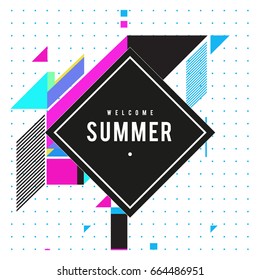 Trendy flat geometric vector banners. Vivid colorful banners in retro poster design style. Vintage colors and shapes Summer holiday theme.