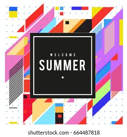 Trendy flat geometric vector banners. Vivid colorful banners in retro poster design style. Vintage colors and shapes Summer holiday theme.