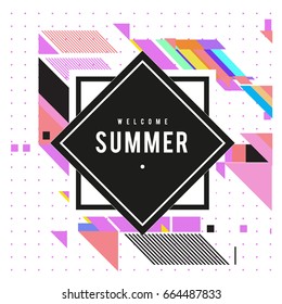Trendy flat geometric vector banners. Vivid colorful banners in retro poster design style. Vintage colors and shapes Summer holiday theme.