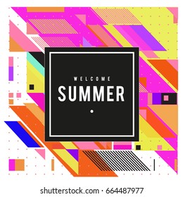 Trendy flat geometric vector banners. Vivid colorful banners in retro poster design style. Vintage colors and shapes Summer holiday theme.