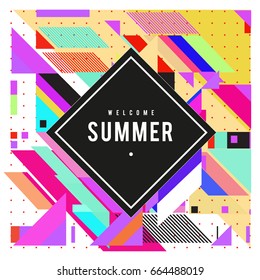Trendy flat geometric vector banners. Vivid colorful banners in retro poster design style. Vintage colors and shapes Summer holiday theme.