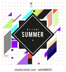 Trendy flat geometric vector banners. Vivid colorful banners in retro poster design style. Vintage colors and shapes Summer holiday theme.