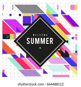 Trendy flat geometric vector banners. Vivid colorful banners in retro poster design style. Vintage colors and shapes Summer holiday theme.