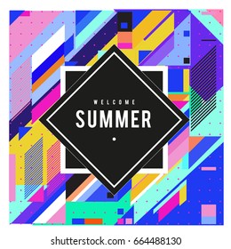 Trendy flat geometric vector banners. Vivid colorful banners in retro poster design style. Vintage colors and shapes Summer holiday theme.
