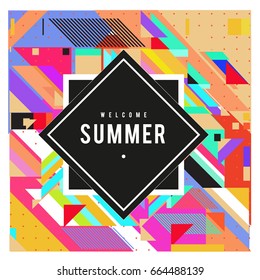 Trendy flat geometric vector banners. Vivid colorful banners in retro poster design style. Vintage colors and shapes Summer holiday theme.