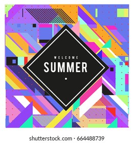 Trendy flat geometric vector banners. Vivid colorful banners in retro poster design style. Vintage colors and shapes Summer holiday theme.