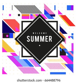 Trendy flat geometric vector banners. Vivid colorful banners in retro poster design style. Vintage colors and shapes Summer holiday theme.