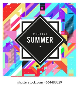 Trendy flat geometric vector banners. Vivid colorful banners in retro poster design style. Vintage colors and shapes Summer holiday theme.