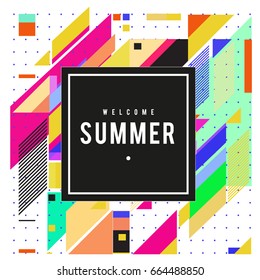 Trendy flat geometric vector banners. Vivid colorful banners in retro poster design style. Vintage colors and shapes Summer holiday theme.