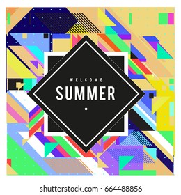 Trendy flat geometric vector banners. Vivid colorful banners in retro poster design style. Vintage colors and shapes Summer holiday theme.