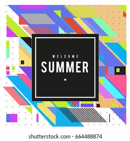 Trendy flat geometric vector banners. Vivid colorful banners in retro poster design style. Vintage colors and shapes Summer holiday theme.