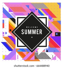 Trendy flat geometric vector banners. Vivid colorful banners in retro poster design style. Vintage colors and shapes Summer holiday theme.