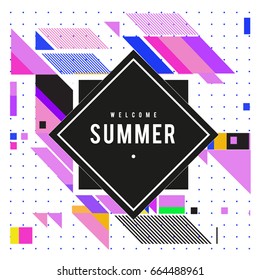Trendy flat geometric vector banners. Vivid colorful banners in retro poster design style. Vintage colors and shapes Summer holiday theme.