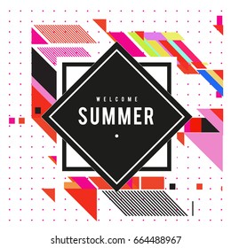 Trendy flat geometric vector banners. Vivid colorful banners in retro poster design style. Vintage colors and shapes Summer holiday theme.