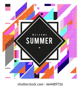 Trendy flat geometric vector banners. Vivid colorful banners in retro poster design style. Vintage colors and shapes Summer holiday theme.
