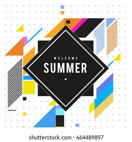 Trendy flat geometric vector banners. Vivid colorful banners in retro poster design style. Vintage colors and shapes Summer holiday theme.