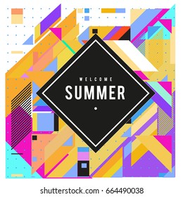 Trendy flat geometric vector banners. Vivid colorful banners in retro poster design style. Vintage colors and shapes Summer holiday theme.