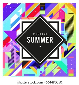 Trendy flat geometric vector banners. Vivid colorful banners in retro poster design style. Vintage colors and shapes Summer holiday theme.