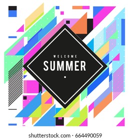 Trendy flat geometric vector banners. Vivid colorful banners in retro poster design style. Vintage colors and shapes Summer holiday theme.