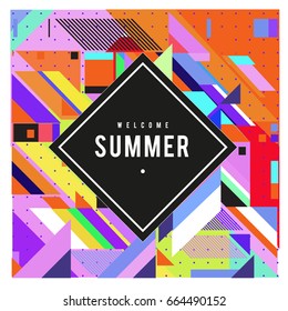 Trendy flat geometric vector banners. Vivid colorful banners in retro poster design style. Vintage colors and shapes Summer holiday theme.